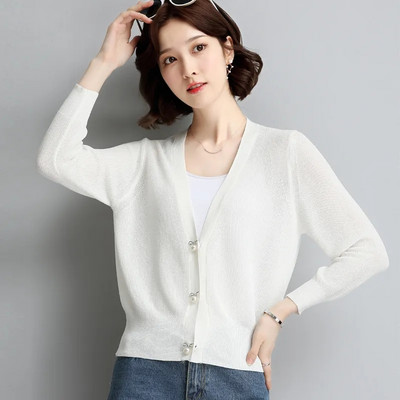 Tanki ženski pleteni kardigan od ledene svile Široki i moderan pulover s V-izrezom, jednobojna, ležerna ženska majica za sunčanje