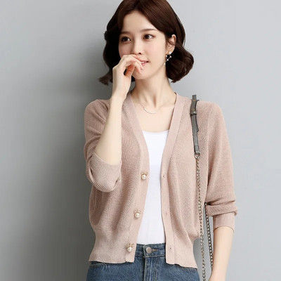 Tanki ženski pleteni kardigan od ledene svile Široki i moderan pulover s V-izrezom, jednobojna, ležerna ženska majica za sunčanje