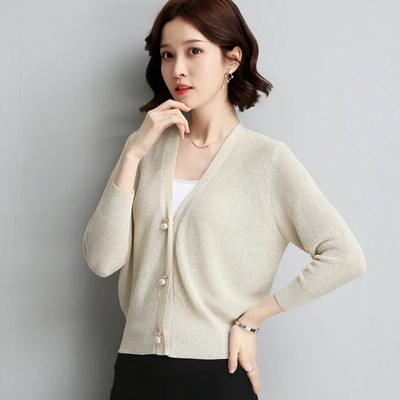 Tanki ženski pleteni kardigan od ledene svile Široki i moderan pulover s V-izrezom, jednobojna, ležerna ženska majica za sunčanje