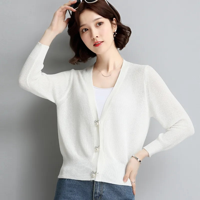 Tanki ženski pleteni kardigan od ledene svile Široki i moderan pulover s V-izrezom, jednobojna, ležerna ženska majica za sunčanje