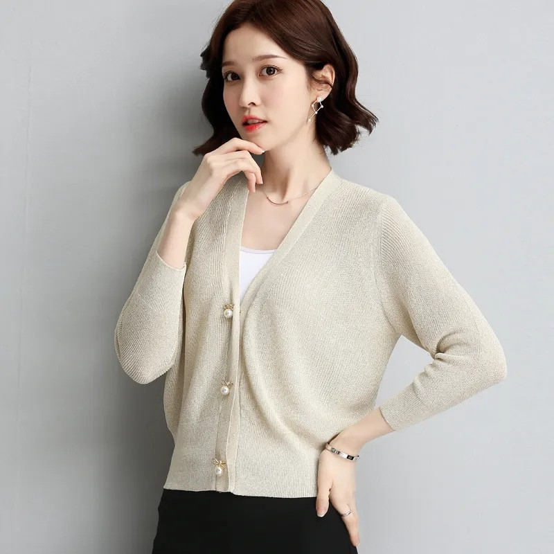 Tanki ženski pleteni kardigan od ledene svile Široki i moderan pulover s V-izrezom, jednobojna, ležerna ženska majica za sunčanje