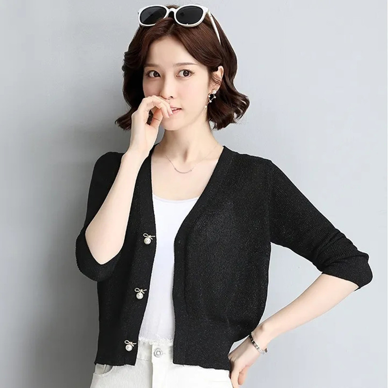 Tanki ženski pleteni kardigan od ledene svile Široki i moderan pulover s V-izrezom, jednobojna, ležerna ženska majica za sunčanje