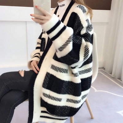 Harajuku Μαύρο Λευκό Καρό Πουλόβερ Ζακέτα Κορεάτικη Μόδα Χαλαρή λαιμόκοψη V Βιζόν Βελούδινο Μπουφάν μεγάλου μεγέθους Φθινοπωρινό Χειμερινό πλεκτό Μπλουζάκι