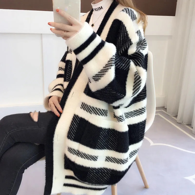 Harajuku Μαύρο Λευκό Καρό Πουλόβερ Ζακέτα Κορεάτικη Μόδα Χαλαρή λαιμόκοψη V Βιζόν Βελούδινο Μπουφάν μεγάλου μεγέθους Φθινοπωρινό Χειμερινό πλεκτό Μπλουζάκι