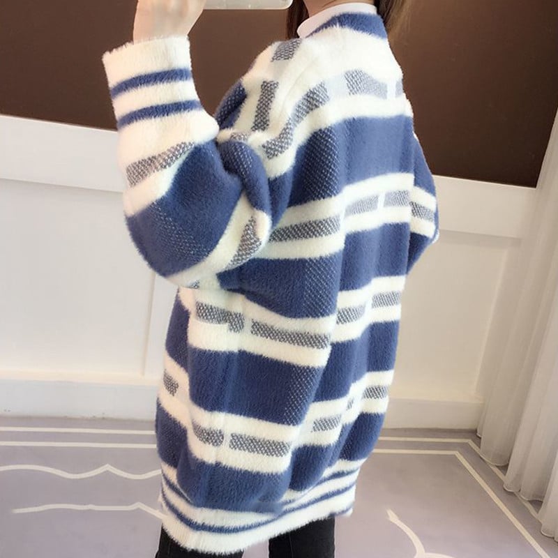 Harajuku Μαύρο Λευκό Καρό Πουλόβερ Ζακέτα Κορεάτικη Μόδα Χαλαρή λαιμόκοψη V Βιζόν Βελούδινο Μπουφάν μεγάλου μεγέθους Φθινοπωρινό Χειμερινό πλεκτό Μπλουζάκι