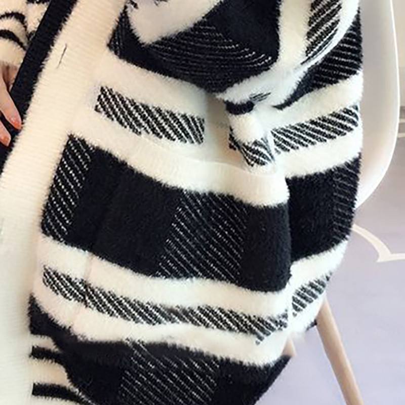 Harajuku Μαύρο Λευκό Καρό Πουλόβερ Ζακέτα Κορεάτικη Μόδα Χαλαρή λαιμόκοψη V Βιζόν Βελούδινο Μπουφάν μεγάλου μεγέθους Φθινοπωρινό Χειμερινό πλεκτό Μπλουζάκι