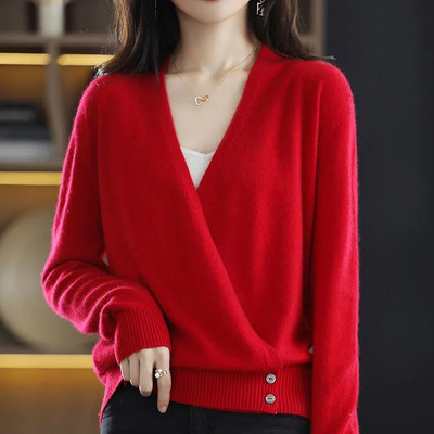 Ανοιξιάτικο και Φθινόπωρο Νέο Πλεκτό Πλεκτό Πουλόβερ με V λαιμόκοψη Λεπτό μονόχρωμο μακρυμάνικο μπλουζάκι με μονόχρωμη λεπτή εφαρμογή Γυναικεία ζακέτα