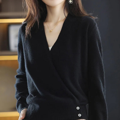 Ανοιξιάτικο και Φθινόπωρο Νέο Πλεκτό Πλεκτό Πουλόβερ με V λαιμόκοψη Λεπτό μονόχρωμο μακρυμάνικο μπλουζάκι με μονόχρωμη λεπτή εφαρμογή Γυναικεία ζακέτα