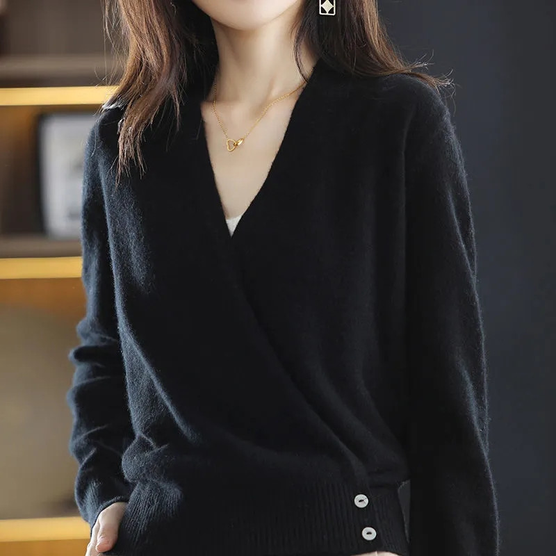 Ανοιξιάτικο και Φθινόπωρο Νέο Πλεκτό Πλεκτό Πουλόβερ με V λαιμόκοψη Λεπτό μονόχρωμο μακρυμάνικο μπλουζάκι με μονόχρωμη λεπτή εφαρμογή Γυναικεία ζακέτα