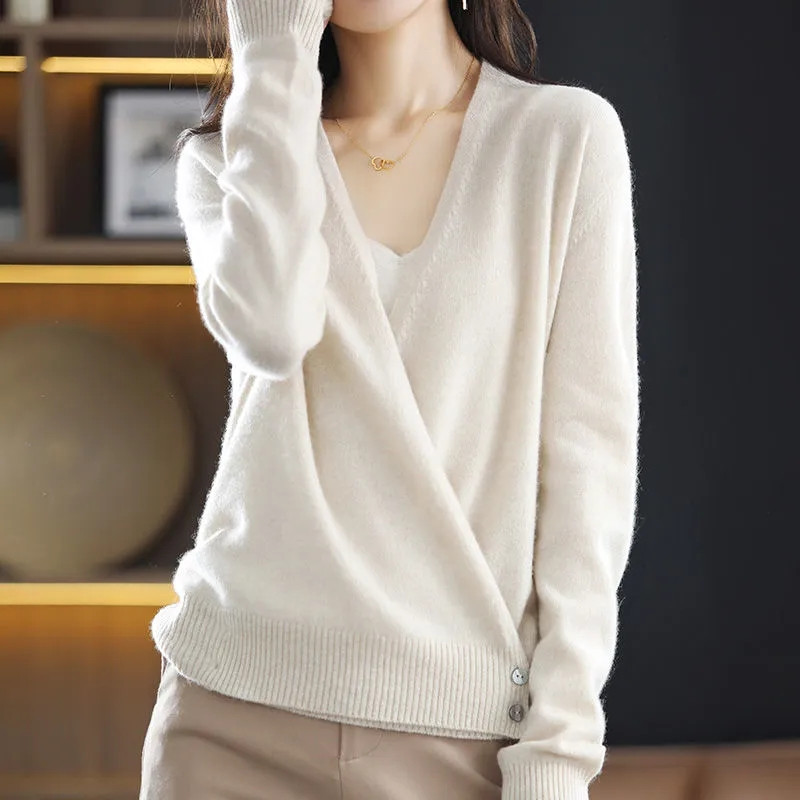 Ανοιξιάτικο και Φθινόπωρο Νέο Πλεκτό Πλεκτό Πουλόβερ με V λαιμόκοψη Λεπτό μονόχρωμο μακρυμάνικο μπλουζάκι με μονόχρωμη λεπτή εφαρμογή Γυναικεία ζακέτα