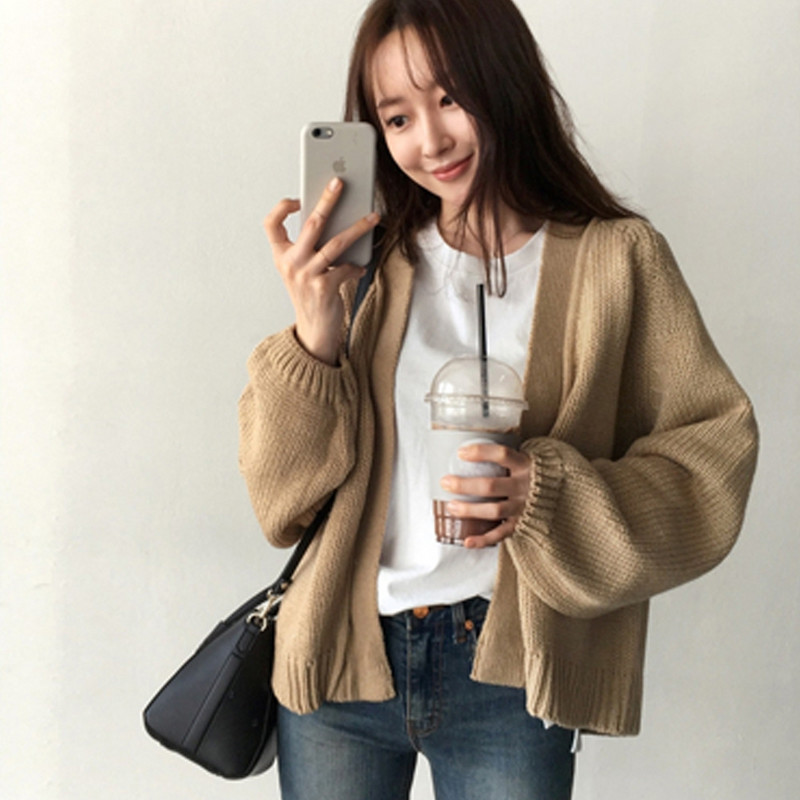Κορεάτικο Φθινοπωρινό Χειμερινό Κομψό Χαλαρό Κοντό Ζακέτα Μονόχρωμη Μονόχρωμη Πλεκτή Ζακέτα Πανωφόρι Φοιτητικό παντός αγώνα