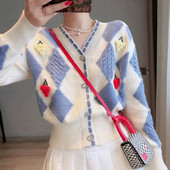 Vintage Laciness V λαιμόκοψη πουλόβερ Γυναικείο σχέδιο ρόμβος Φθινοπωρινό γλυκό πανωφόρι μακρυμάνικο πλεκτό ζακέτες κερασιές ντεκόρ Λεπτές μπλούζες