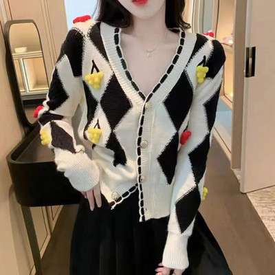 Vintage Laciness V λαιμόκοψη πουλόβερ Γυναικείο σχέδιο ρόμβος Φθινοπωρινό γλυκό πανωφόρι μακρυμάνικο πλεκτό ζακέτες κερασιές ντεκόρ Λεπτές μπλούζες