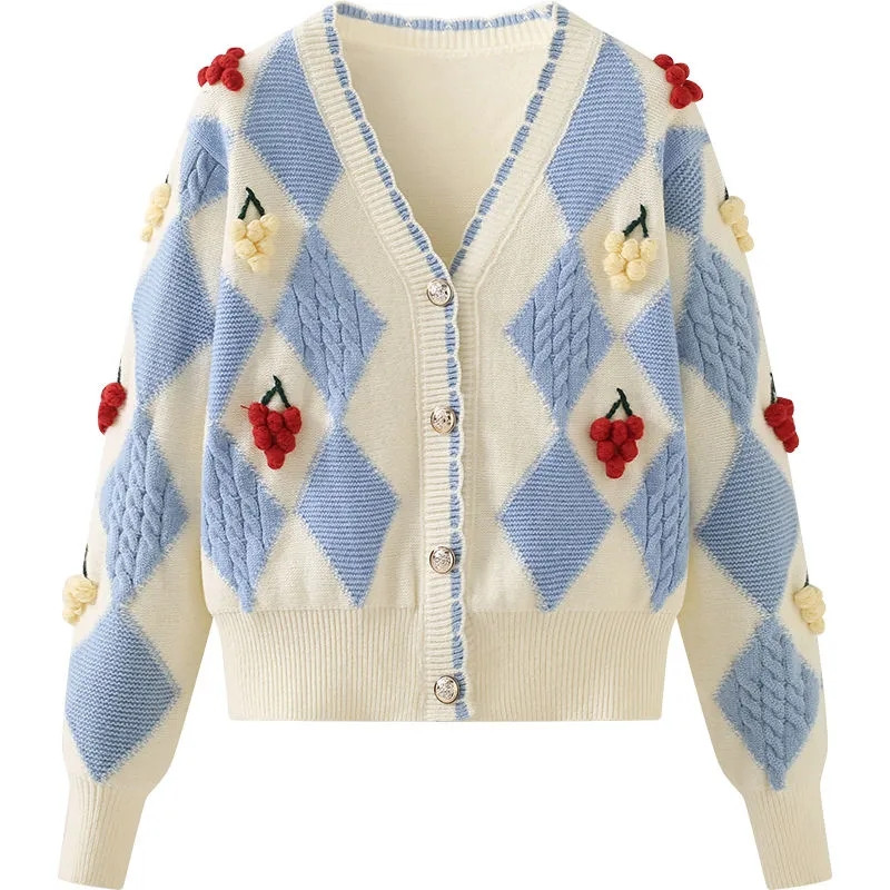 Vintage Laciness V λαιμόκοψη πουλόβερ Γυναικείο σχέδιο ρόμβος Φθινοπωρινό γλυκό πανωφόρι μακρυμάνικο πλεκτό ζακέτες κερασιές ντεκόρ Λεπτές μπλούζες