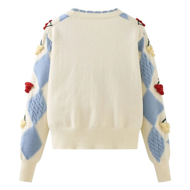 Vintage Laciness V λαιμόκοψη πουλόβερ Γυναικείο σχέδιο ρόμβος Φθινοπωρινό γλυκό πανωφόρι μακρυμάνικο πλεκτό ζακέτες κερασιές ντεκόρ Λεπτές μπλούζες