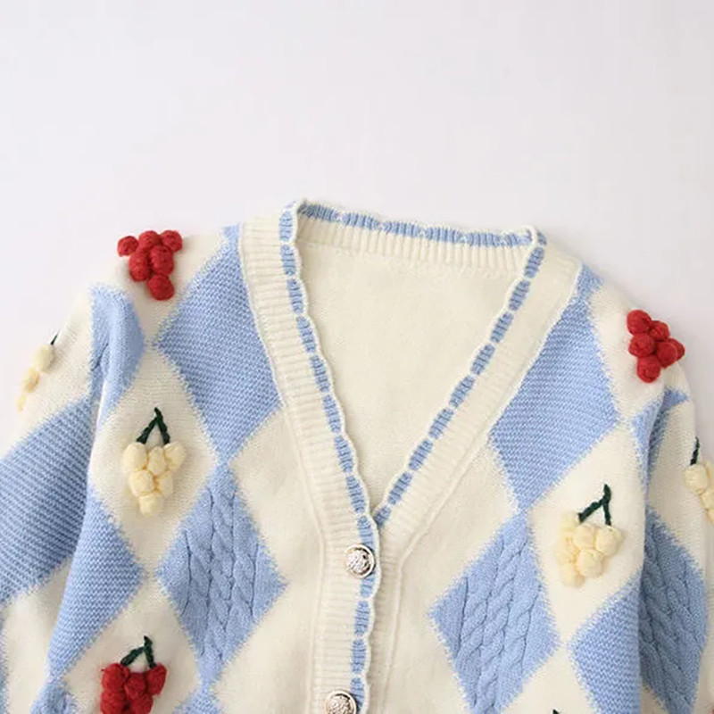 Vintage Laciness V λαιμόκοψη πουλόβερ Γυναικείο σχέδιο ρόμβος Φθινοπωρινό γλυκό πανωφόρι μακρυμάνικο πλεκτό ζακέτες κερασιές ντεκόρ Λεπτές μπλούζες