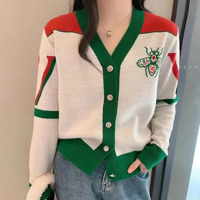 Φθινόπωρο Χειμώνας Νέο Χρώμα ασορτί με Πράσινη Ζακέτα Γυναικείο πουλόβερ Casual με V λαιμόκοψη μακρυμάνικο επάνω κουμπί Φαρδύ πλεκτό μπουφάν