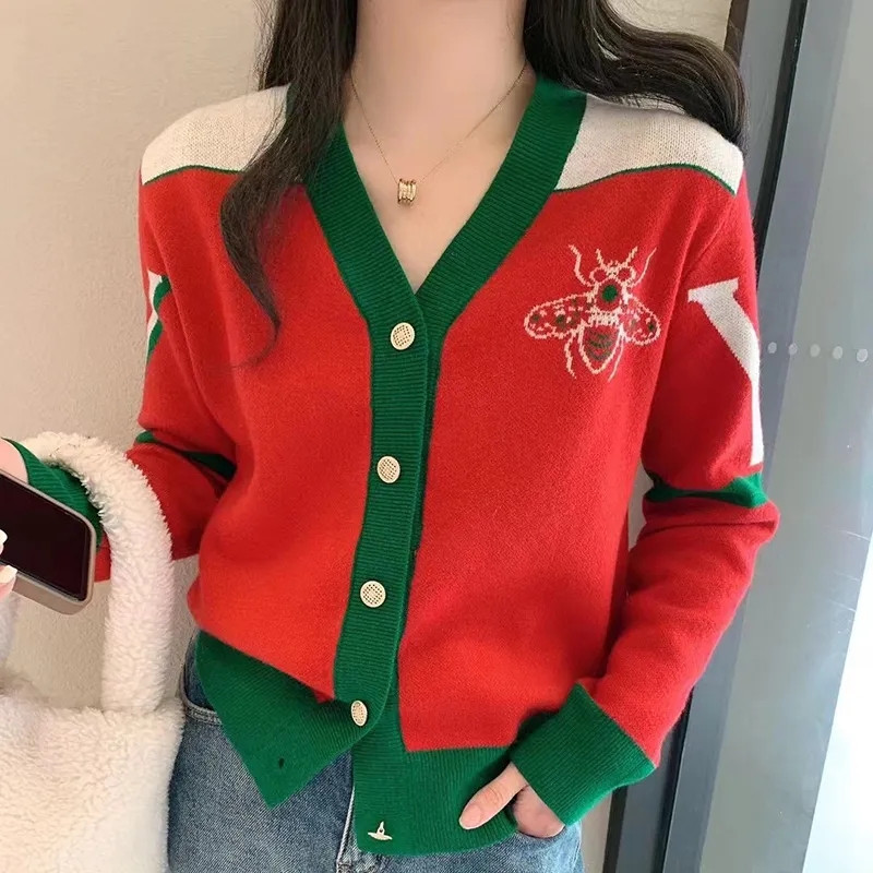 Φθινόπωρο Χειμώνας Νέο Χρώμα ασορτί με Πράσινη Ζακέτα Γυναικείο πουλόβερ Casual με V λαιμόκοψη μακρυμάνικο επάνω κουμπί Φαρδύ πλεκτό μπουφάν