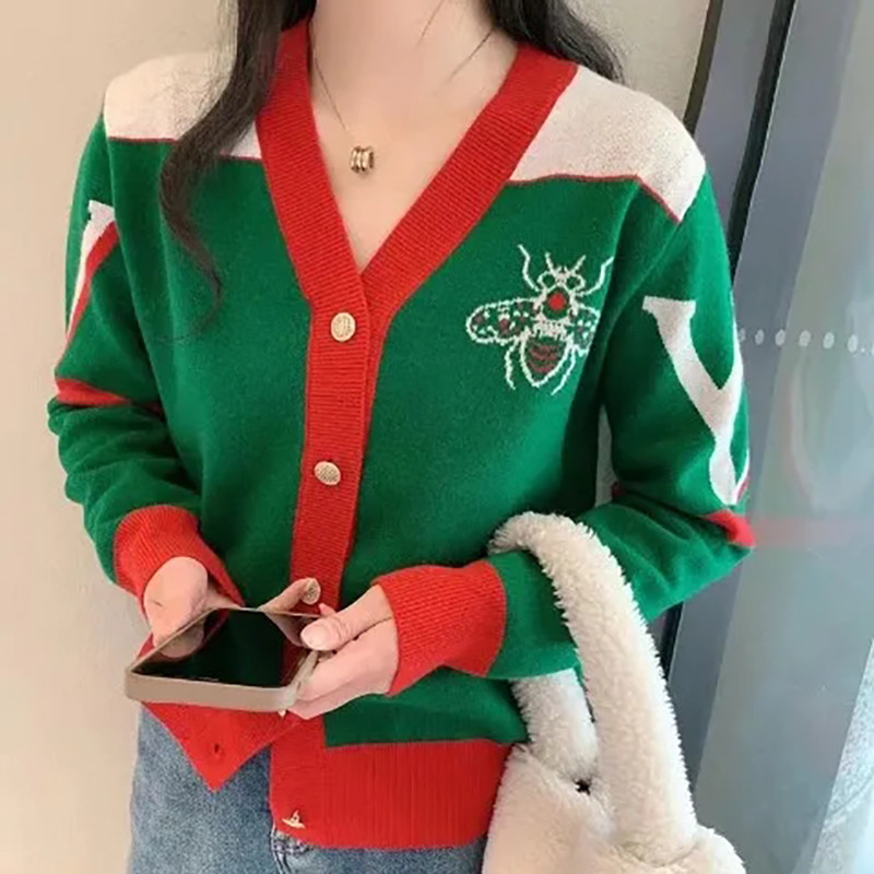 Φθινόπωρο Χειμώνας Νέο Χρώμα ασορτί με Πράσινη Ζακέτα Γυναικείο πουλόβερ Casual με V λαιμόκοψη μακρυμάνικο επάνω κουμπί Φαρδύ πλεκτό μπουφάν