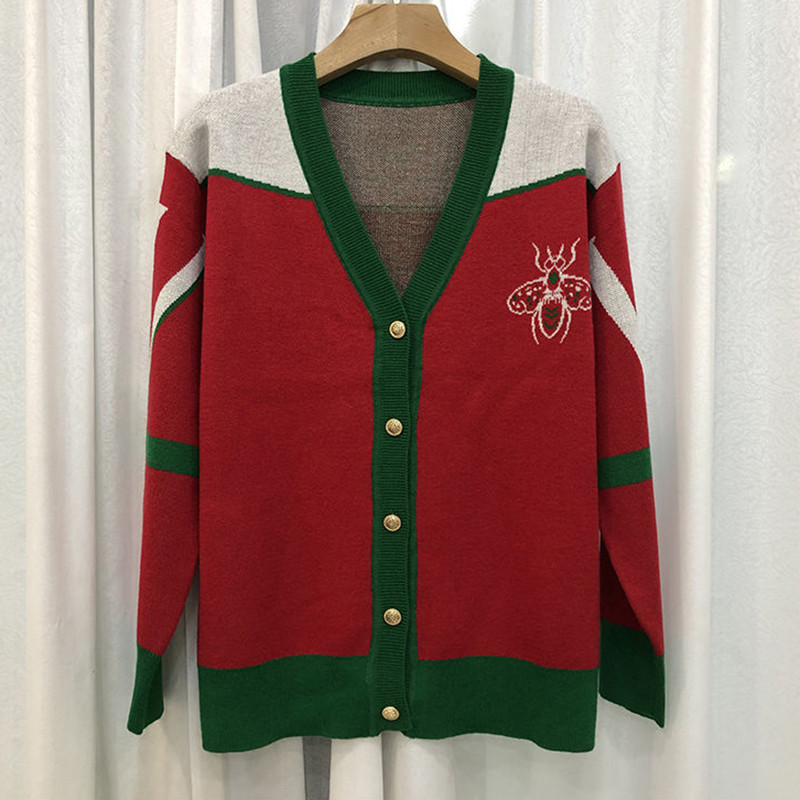 Φθινόπωρο Χειμώνας Νέο Χρώμα ασορτί με Πράσινη Ζακέτα Γυναικείο πουλόβερ Casual με V λαιμόκοψη μακρυμάνικο επάνω κουμπί Φαρδύ πλεκτό μπουφάν