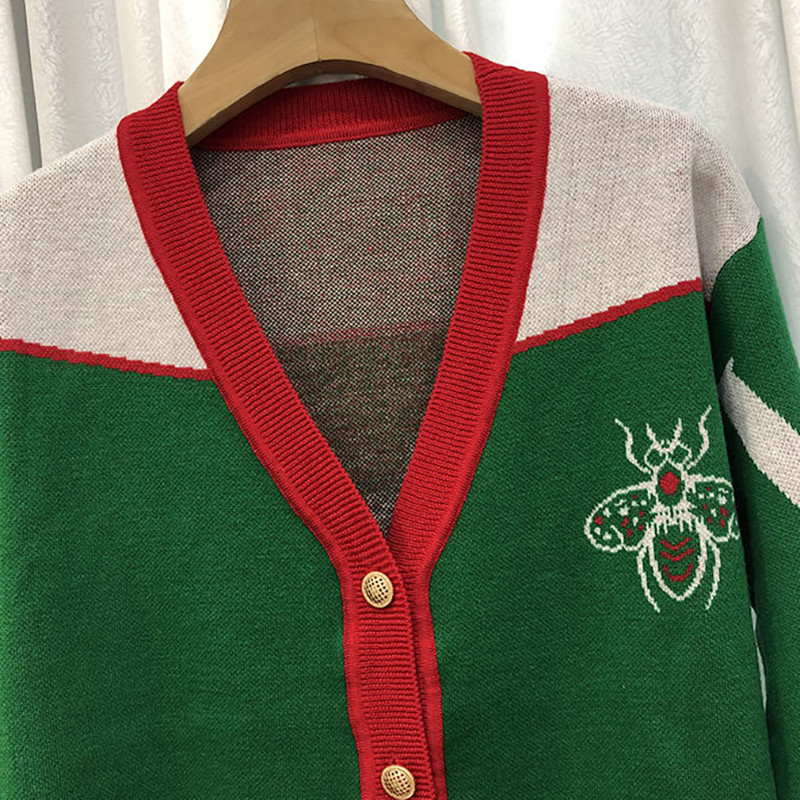 Φθινόπωρο Χειμώνας Νέο Χρώμα ασορτί με Πράσινη Ζακέτα Γυναικείο πουλόβερ Casual με V λαιμόκοψη μακρυμάνικο επάνω κουμπί Φαρδύ πλεκτό μπουφάν