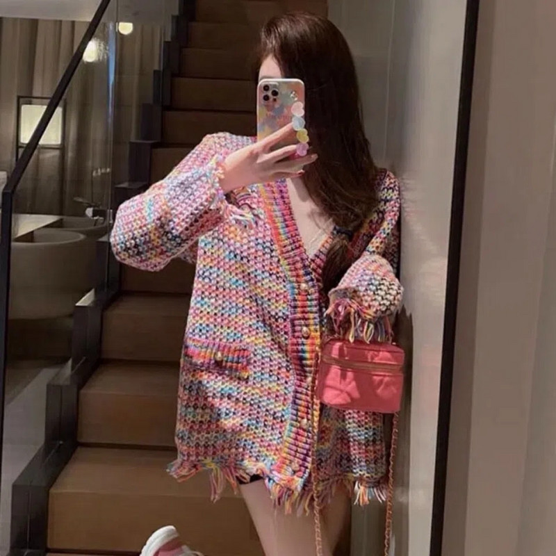 Rainbow Weave Tassle πλέξιμο Ζακέτα πουλόβερ Γυναικεία Άνοιξη Φθινόπωρο χαλαρή τάση μόδας Κορεατικά κομψά πλεκτά μπουφάν Πολυτελή ρούχα