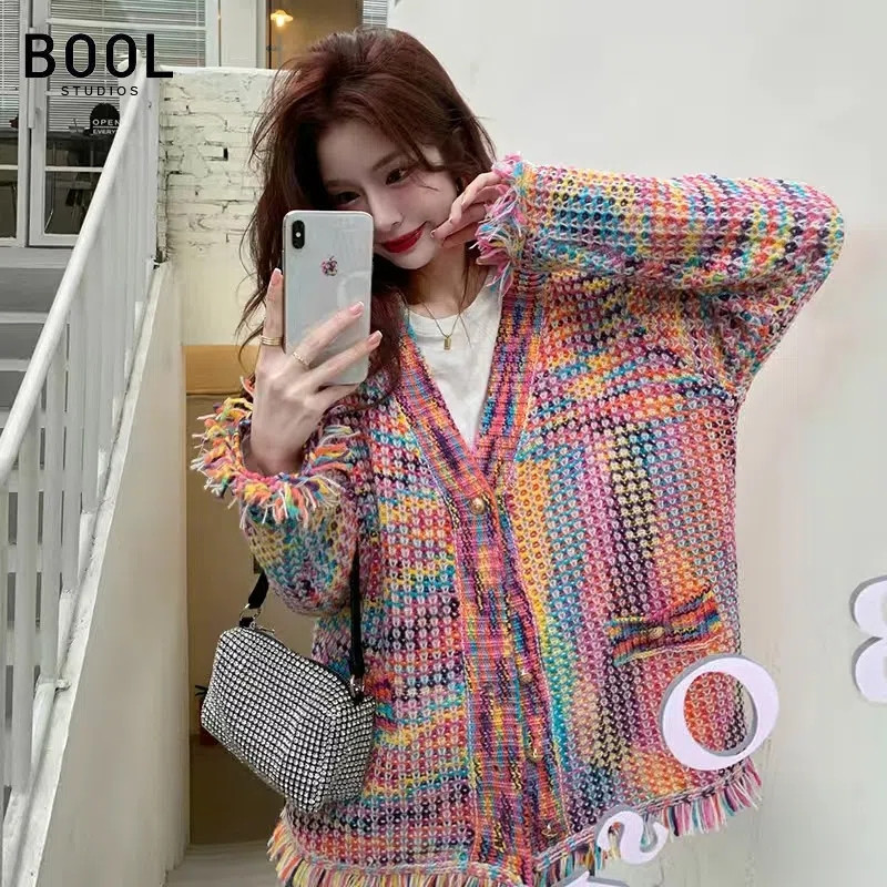 Rainbow Weave Tassle πλέξιμο Ζακέτα πουλόβερ Γυναικεία Άνοιξη Φθινόπωρο χαλαρή τάση μόδας Κορεατικά κομψά πλεκτά μπουφάν Πολυτελή ρούχα