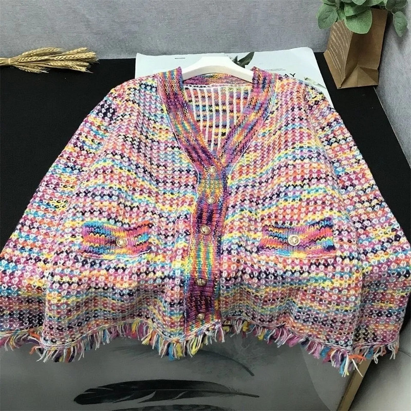 Rainbow Weave Tassle πλέξιμο Ζακέτα πουλόβερ Γυναικεία Άνοιξη Φθινόπωρο χαλαρή τάση μόδας Κορεατικά κομψά πλεκτά μπουφάν Πολυτελή ρούχα