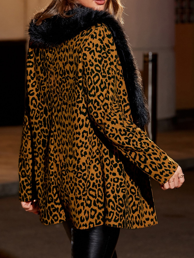Γυναικείο παλτό Finjani Leopard Print Πανωφόρι με αντίθεση Fuzzy Open μπροστά από ψεύτικη γούνα Casual and Fashion For Women 2023