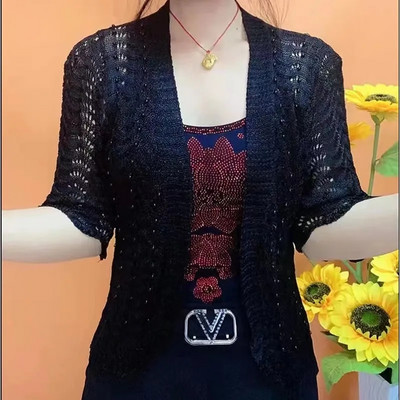 Άνοιξη Καλοκαίρι Νέα Ζακέτα με πλέξη Ice Silk Μεσήλικες ηλικιωμένες μητέρες με Beading Joker μονόχρωμο σάλι κοίλο αντηλιακό παλτό