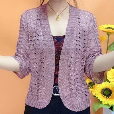 Άνοιξη Καλοκαίρι Νέα Ζακέτα με πλέξη Ice Silk Μεσήλικες ηλικιωμένες μητέρες με Beading Joker μονόχρωμο σάλι κοίλο αντηλιακό παλτό