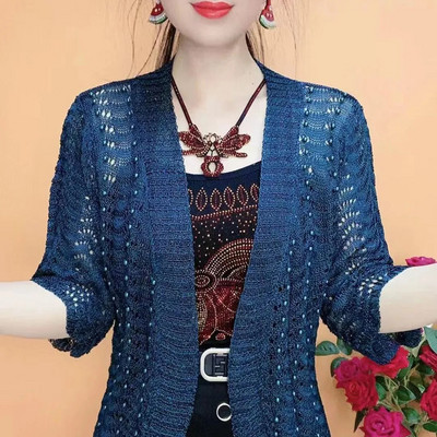 Άνοιξη Καλοκαίρι Νέα Ζακέτα με πλέξη Ice Silk Μεσήλικες ηλικιωμένες μητέρες με Beading Joker μονόχρωμο σάλι κοίλο αντηλιακό παλτό