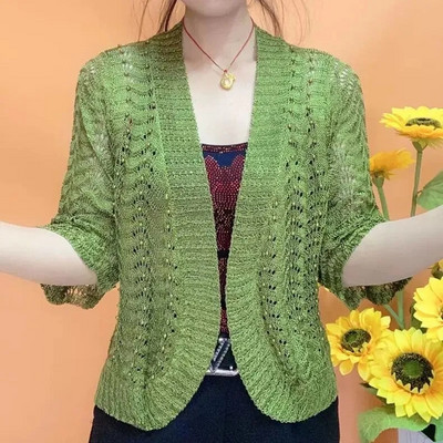 Άνοιξη Καλοκαίρι Νέα Ζακέτα με πλέξη Ice Silk Μεσήλικες ηλικιωμένες μητέρες με Beading Joker μονόχρωμο σάλι κοίλο αντηλιακό παλτό