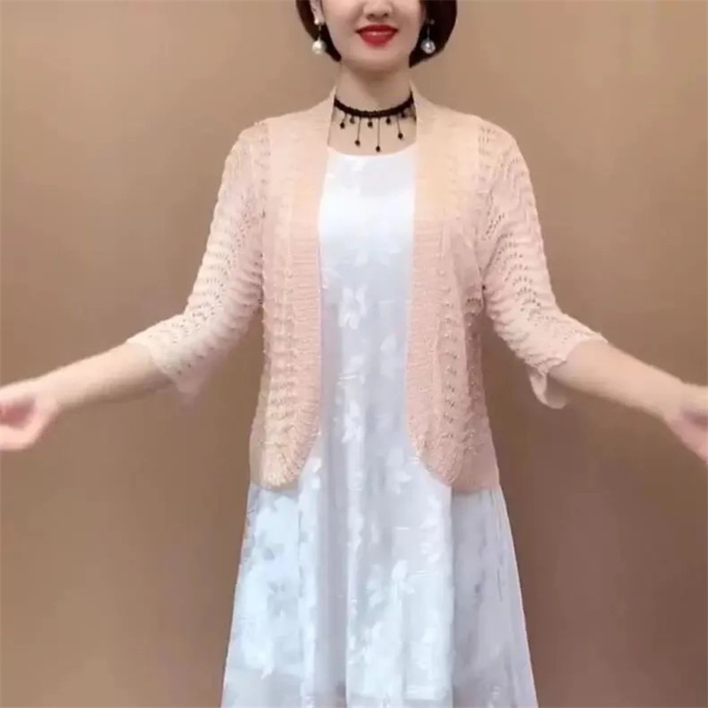 Άνοιξη Καλοκαίρι Νέα Ζακέτα με πλέξη Ice Silk Μεσήλικες ηλικιωμένες μητέρες με Beading Joker μονόχρωμο σάλι κοίλο αντηλιακό παλτό
