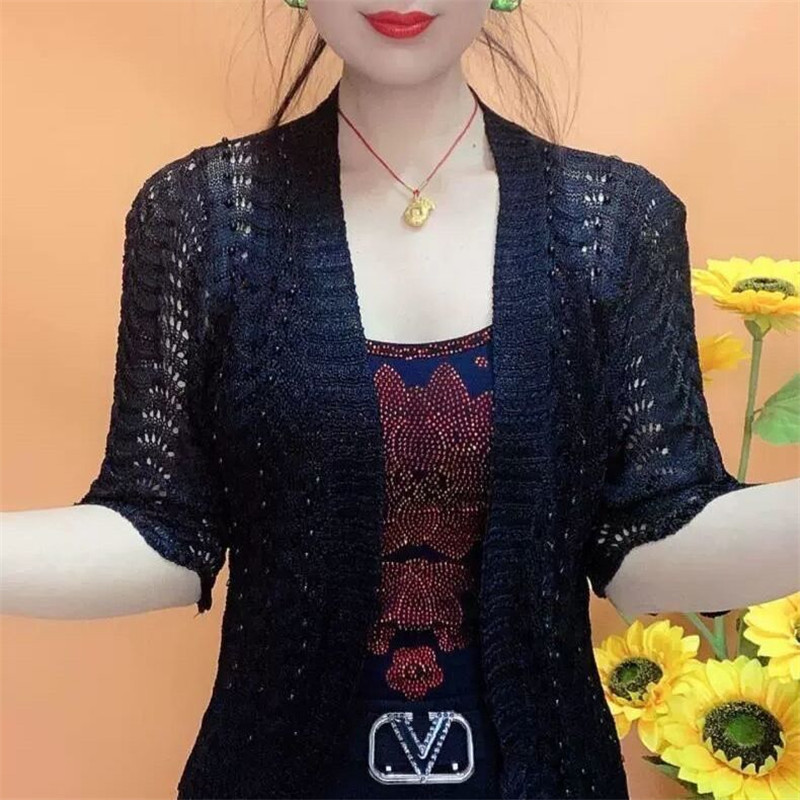 Άνοιξη Καλοκαίρι Νέα Ζακέτα με πλέξη Ice Silk Μεσήλικες ηλικιωμένες μητέρες με Beading Joker μονόχρωμο σάλι κοίλο αντηλιακό παλτό