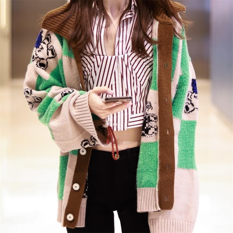 Γυναικείο πουλόβερ με στάμπα σε ιαπωνικό στυλ Kawaii Φαρδύ γυαλιστερό γιακά με καρό μακρυμάνικο πλεκτό jumper Y2k Ρούχα