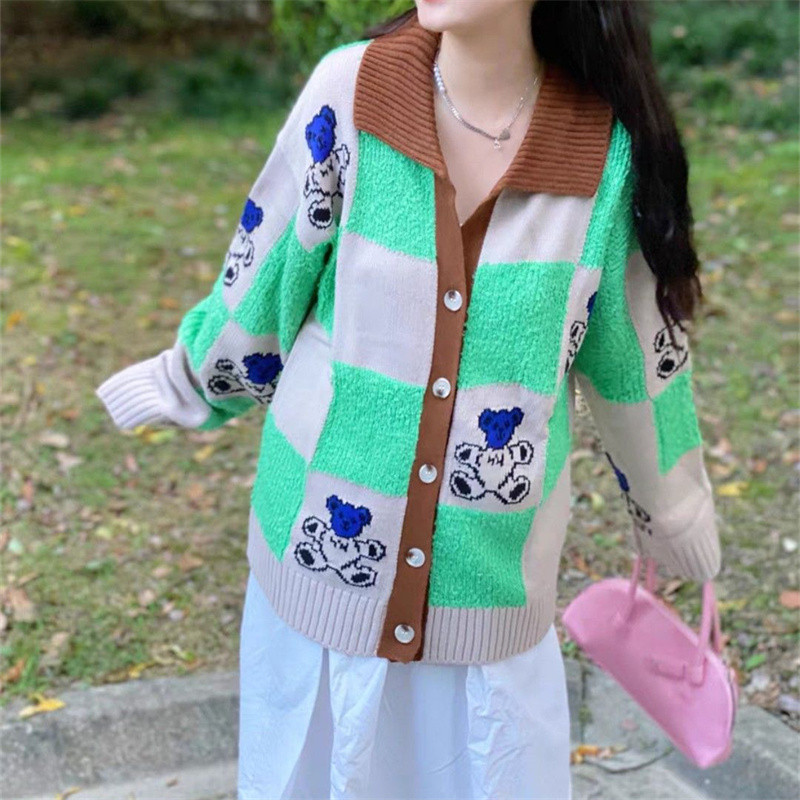 Γυναικείο πουλόβερ με στάμπα σε ιαπωνικό στυλ Kawaii Φαρδύ γυαλιστερό γιακά με καρό μακρυμάνικο πλεκτό jumper Y2k Ρούχα