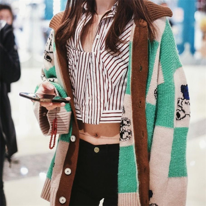 Γυναικείο πουλόβερ με στάμπα σε ιαπωνικό στυλ Kawaii Φαρδύ γυαλιστερό γιακά με καρό μακρυμάνικο πλεκτό jumper Y2k Ρούχα