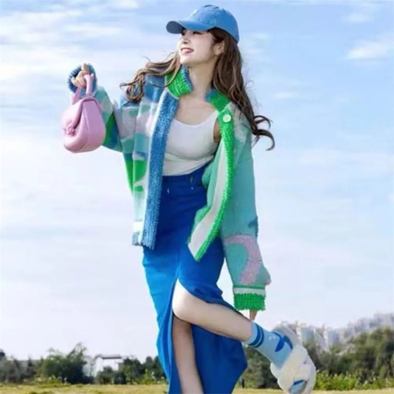 Γυναικείο φθινοπωρινό μπουφάν πουλόβερ χρωματικής αντίθεσης Χειμερινό Χύμα Πλεκτό Παλτό Ζακέτα Y2K Ένδυση Sueters De Mujer Moda