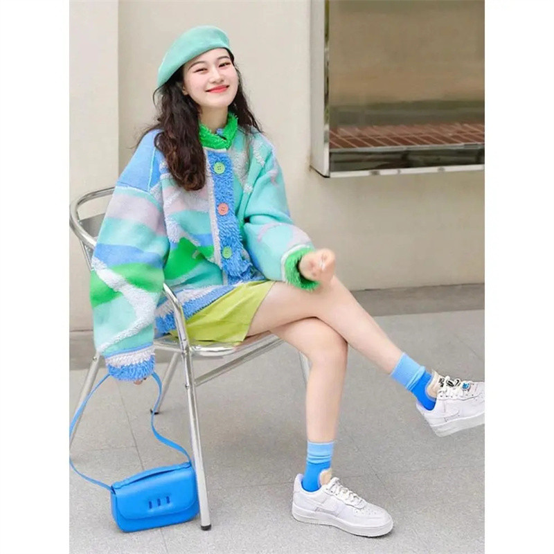 Γυναικείο φθινοπωρινό μπουφάν πουλόβερ χρωματικής αντίθεσης Χειμερινό Χύμα Πλεκτό Παλτό Ζακέτα Y2K Ένδυση Sueters De Mujer Moda