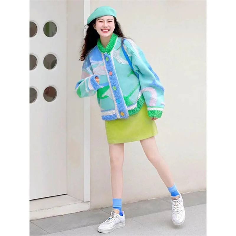Γυναικείο φθινοπωρινό μπουφάν πουλόβερ χρωματικής αντίθεσης Χειμερινό Χύμα Πλεκτό Παλτό Ζακέτα Y2K Ένδυση Sueters De Mujer Moda