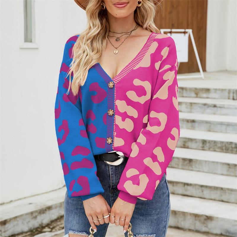 Ροζ λεοπάρ στάμπα Ζακέτα Γυναικείο πλεκτό πουλόβερ με λαιμόκοψη Γυναικείο 2023 Παλτό με χαλαρά κουμπιά Sueters De Mujer