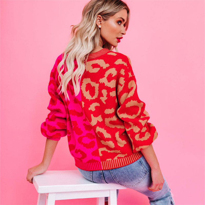 Ροζ λεοπάρ στάμπα Ζακέτα Γυναικείο πλεκτό πουλόβερ με λαιμόκοψη Γυναικείο 2023 Παλτό με χαλαρά κουμπιά Sueters De Mujer