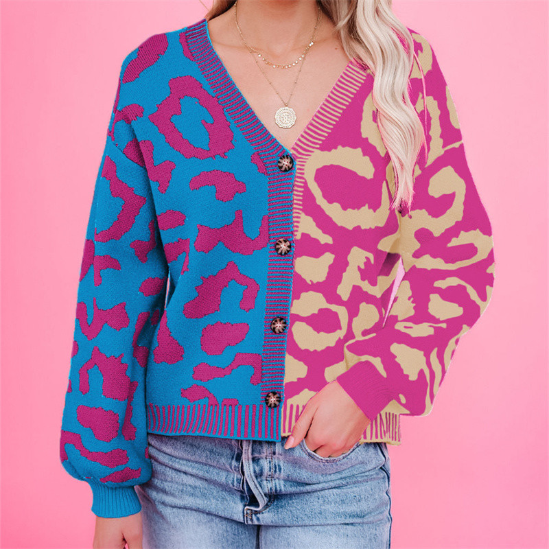 Ροζ λεοπάρ στάμπα Ζακέτα Γυναικείο πλεκτό πουλόβερ με λαιμόκοψη Γυναικείο 2023 Παλτό με χαλαρά κουμπιά Sueters De Mujer