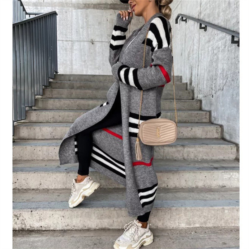 Vintage pleteni kardigan Ženski labavi prugasti patchwork duga gornja odjeća Maxi Y2k džemper Kaput Mekana jakna Vetement Femme