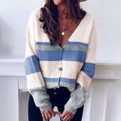 Γυναικεία ζακέτα με ριγέ πλέξιμο για την άνοιξη, καλοκαίρι με φαρδιά λαιμόκοψη με μακρυμάνικο μονό στήθος, πουλόβερ Gilet Femme