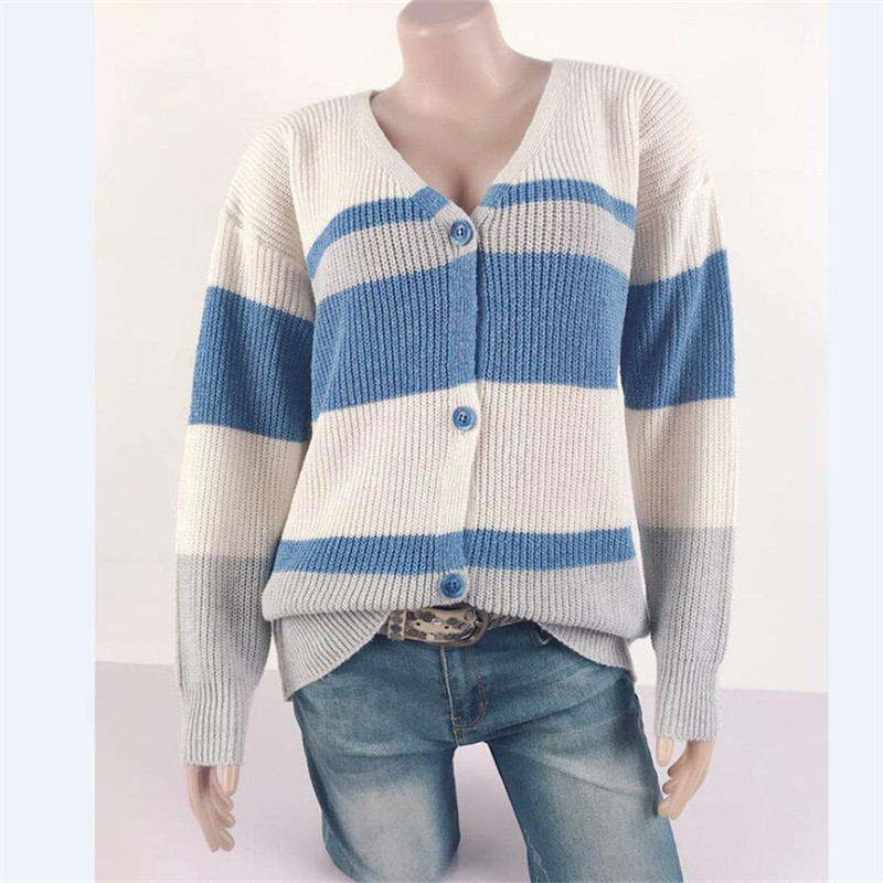 Γυναικεία ζακέτα με ριγέ πλέξιμο για την άνοιξη, καλοκαίρι με φαρδιά λαιμόκοψη με μακρυμάνικο μονό στήθος, πουλόβερ Gilet Femme