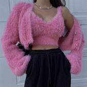 Σετ δύο τεμαχίων βελούδινο γιλέκο σπαγγέτι με λουρί + μακρυμάνικη πλεκτή ζακέτα 2023 Spring Milk Cashmere Cardigan Sueters De Mujer