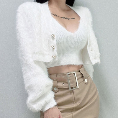 Σετ δύο τεμαχίων βελούδινο γιλέκο σπαγγέτι με λουρί + μακρυμάνικη πλεκτή ζακέτα 2023 Spring Milk Cashmere Cardigan Sueters De Mujer