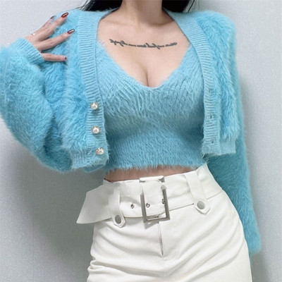 Σετ δύο τεμαχίων βελούδινο γιλέκο σπαγγέτι με λουρί + μακρυμάνικη πλεκτή ζακέτα 2023 Spring Milk Cashmere Cardigan Sueters De Mujer